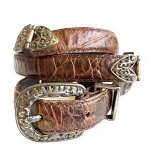 Vtg Dark Brown Leather Concho Belt Faux Croc Womens Size XS S 25-29” Western